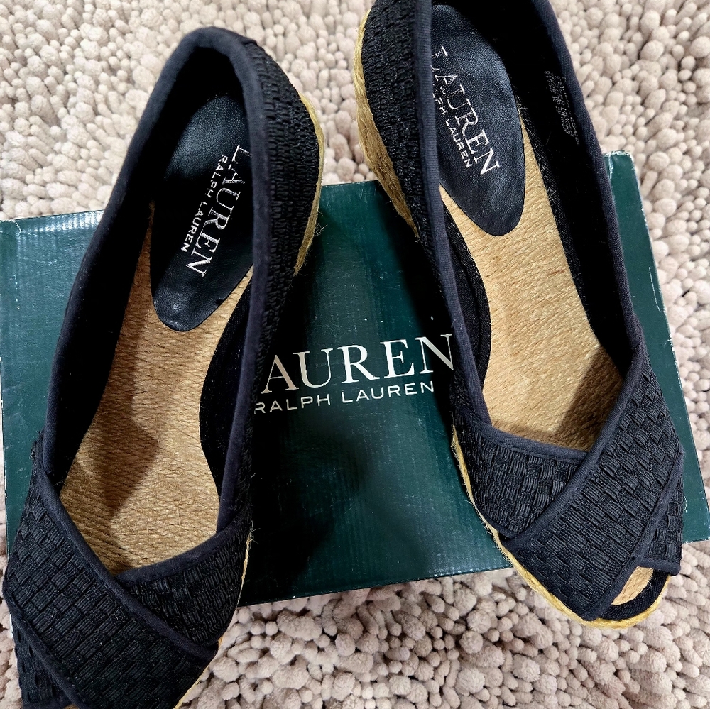 Lauren Ralph Lauren Black Woven Espadrille Peep-Toe Flats